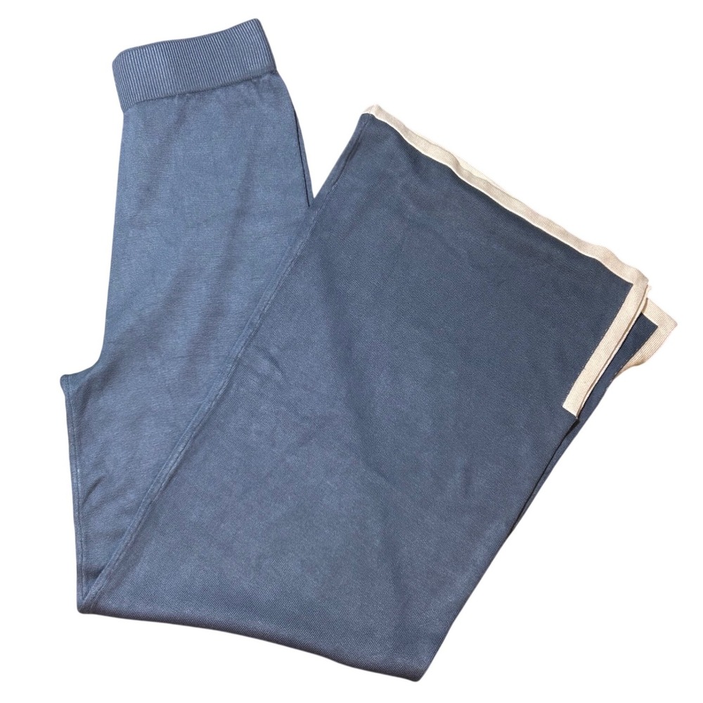 Sincerely Jules Blue Knit Wide Leg Pants Cream Trim Side Slit ST23146 Small NEW